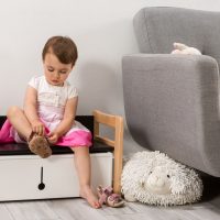 Multifunctional Montessori based small bench and double box set with child